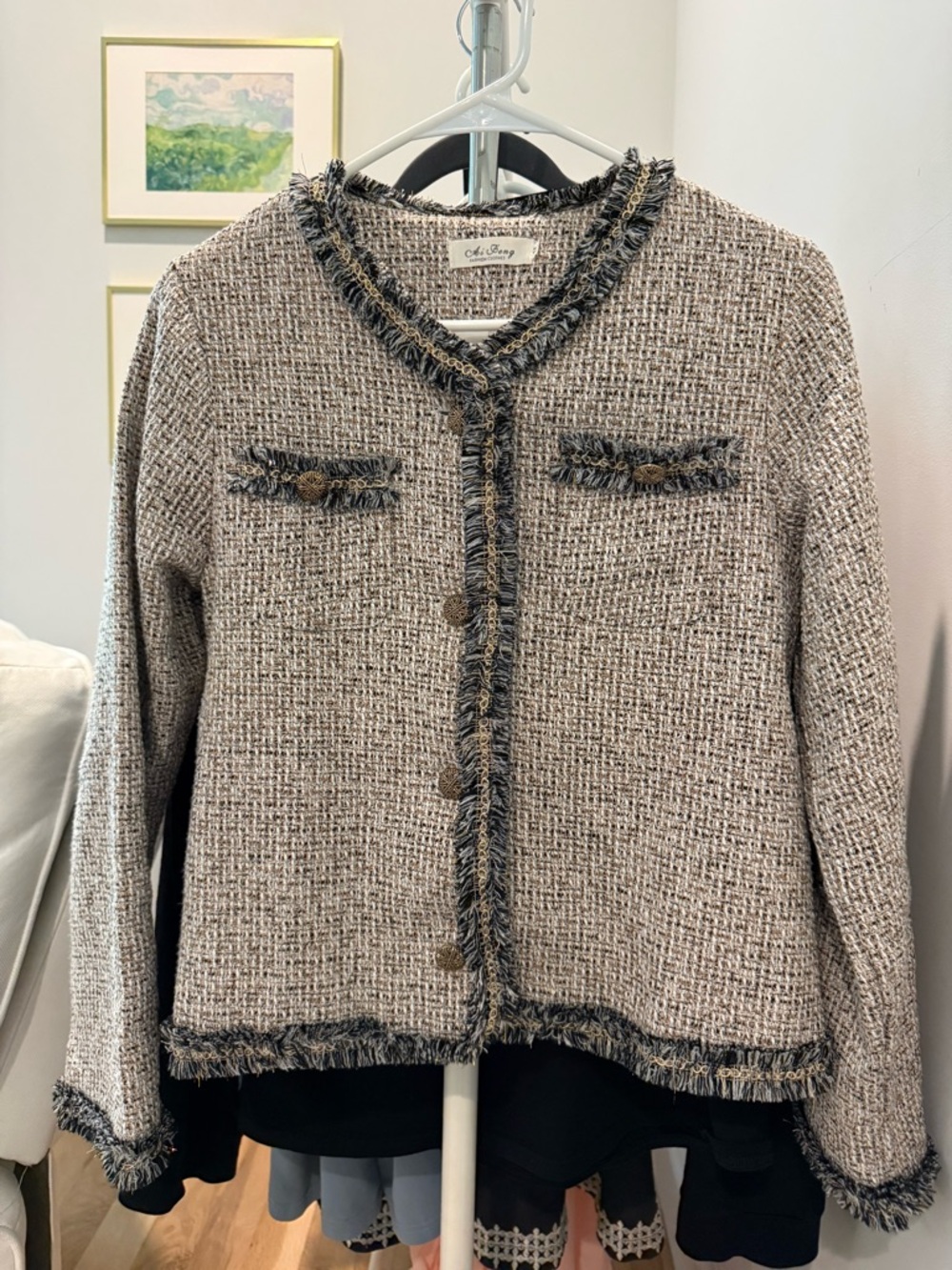Chic Tweed Fringe Button Jacket - Beige & Black